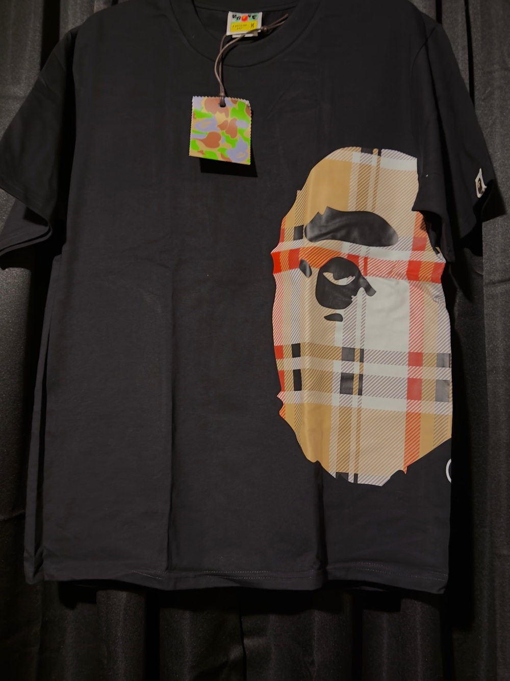 Bape Black Tee with Tan Red Cream Plaid Ape Head